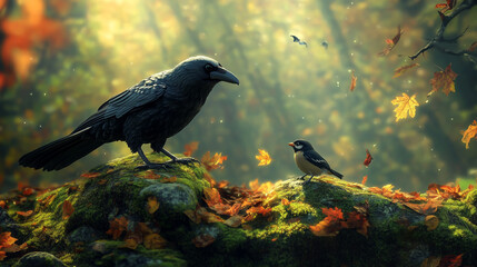 Fototapeta premium A beautiful crow and the little sparrow converse in the autumn forest. Sunlight filters through the leaves, casting a soft glow on the mossy stones.