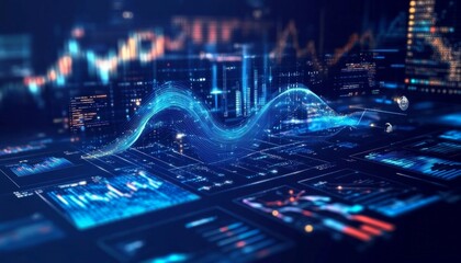 Digital data analysis with futuristic financial charts and graphs