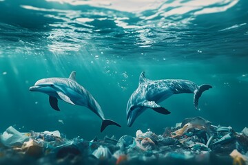 Fototapeta premium Dolphins swimming gracefully in polluted waters showcasing environmental issues