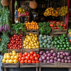 Explore a vibrant market stall with a cheerful local vendor, showcasing a colorful selection of fresh organic produce Discover the beauty of nature's bounty with an abundance of vegetables, fruits