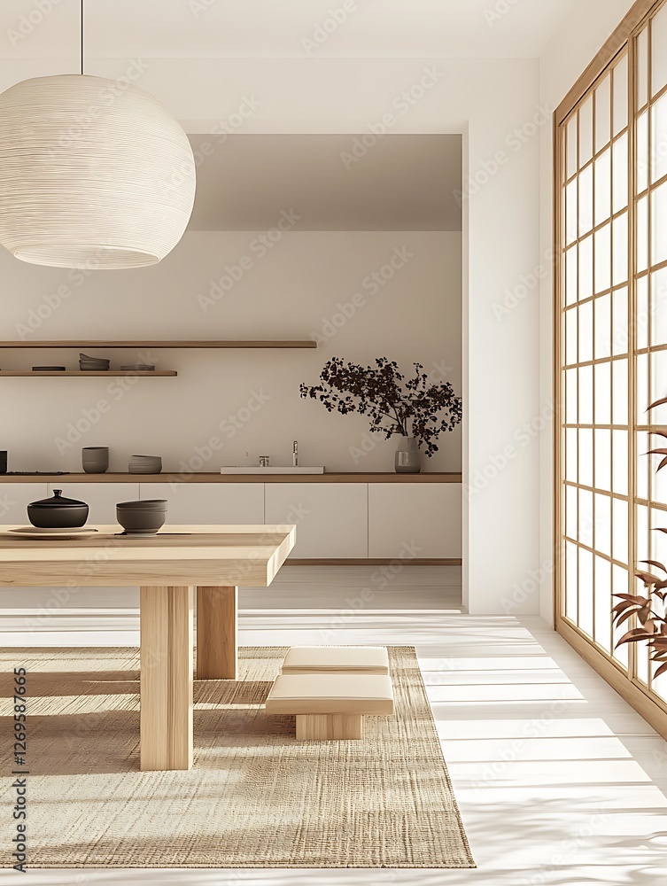 Canvas Prints Minimalist Japanese-style dining room with wooden table, benches, and shoji screen.