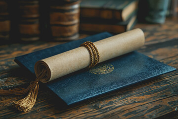 Fototapeta premium Rolled up book with a tea cup on top resting on a wooden table surface