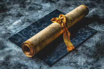 Rolled up item on a black surface with contrasting texture and color details visible in the composition