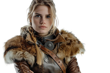 Strong female Viking warrior wearing leather armor with fur trim isolated on transparent background