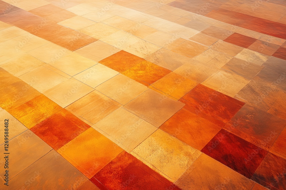 Poster abstract image of warm-toned tile floor with varying shades of orange and brown, creating a textured