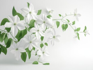 Obraz premium Elegant white flowers with green leaves arranged on a soft white background