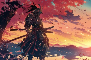 Samurai Sunset: A Warrior's Silhouette Against a Fiery Sky