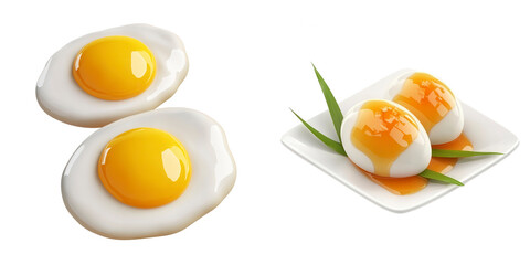 Freshly Cooked Eggs on Plate with Green Onions and Sauces for Breakfast or Culinary Use