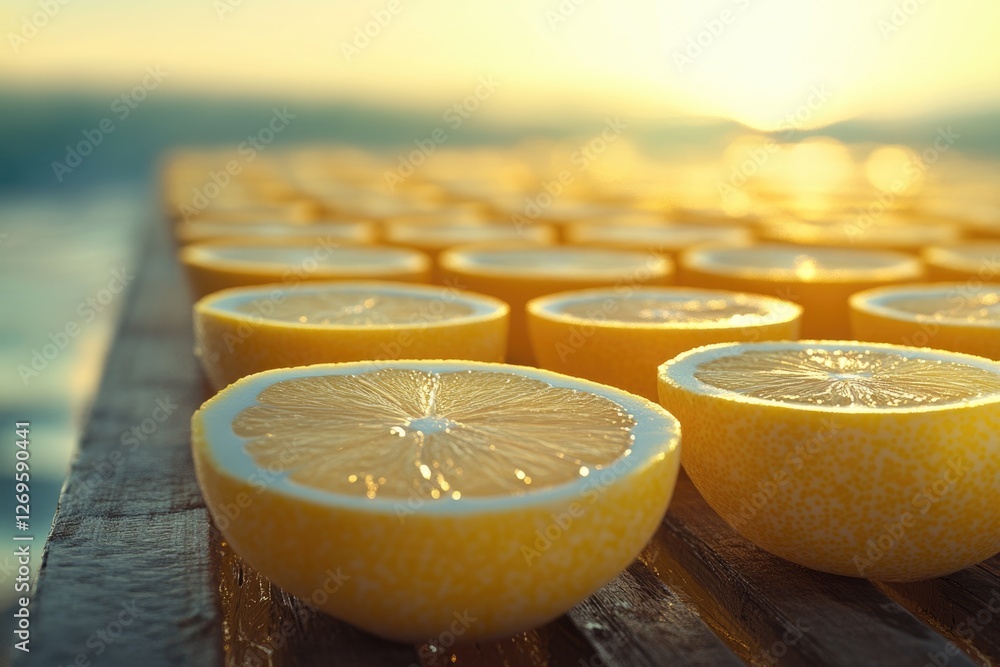 Poster sunlit lemon slices arranged on a wooden surface near the ocean, creating a vibrant and refreshing s