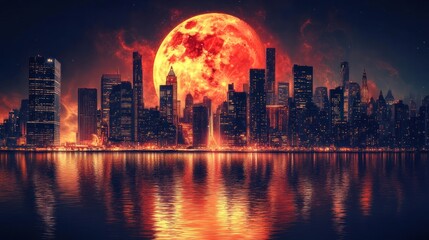 Fototapeta premium Cityscape Illuminated by a Fiery Crimson Moon