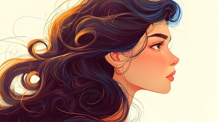 A digital art profile view of a woman with flowing, detailed hair.  Soft, warm lighting highlights the face and hair.