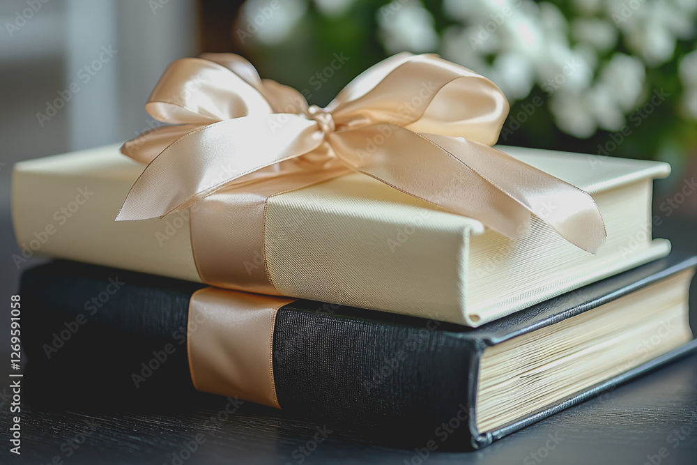 Poster stack of books tied with a ribbon bow on top arranged on a wooden table in a cozy setting