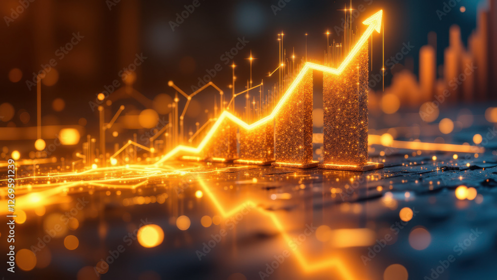 Poster bright digital display of financial growth with charts and graphs.