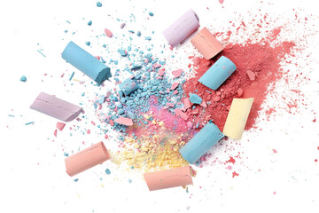 Pastel Chalk Pieces with Energetic Explosion Effect and Vibrant Color Burst isolated on transparent background
