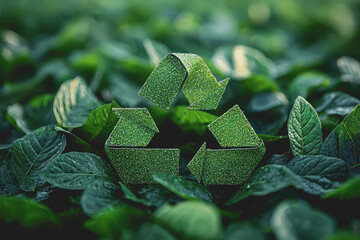 Green recycling symbol surrounded by fresh green leaves promoting environmental awareness and sustainability