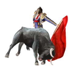 Fotobehang Stierenvechten Bullfighting, typical Spanish tradition, bullfighter, bullfighter or matador fights a bull. Watercolor real hand drawn illustration,  isolated on white background  © dariaustiugova