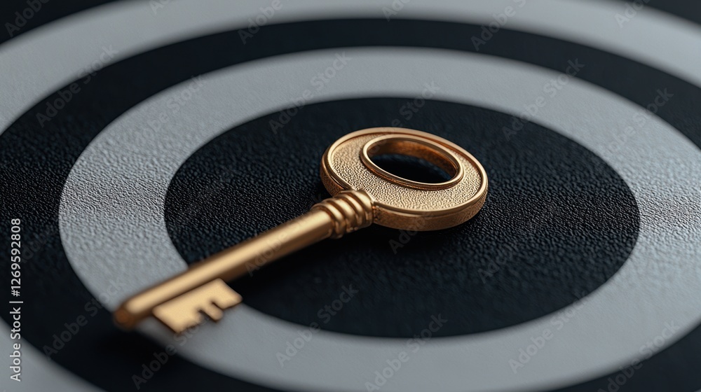 Poster a golden key rests on a circular target pattern, symbolizing focus, strategy, and the pathway to unl