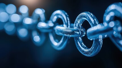 A macro shot of a shiny blue metal chain link, showcasing its detailed texture and reflective surface against a blurred, dark background.