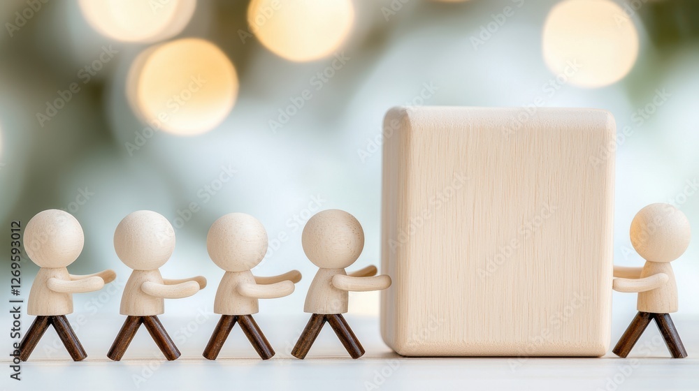 Poster a group of miniature figures collaboratively pushing a large block, symbolizing teamwork and coopera