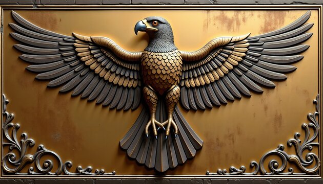 Sacred Parthian falcon motif &ndash; detailed engraving of a falcon symbolizing royal power and divine protection