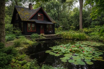 Small house with pond and lily pads