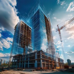 Fototapeta premium A time-lapse image of a high-rise building being built from a digital blueprint to reality.