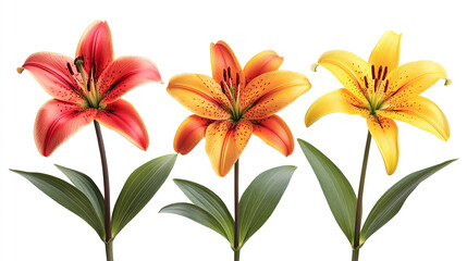 Set of beautiful vibrant lilies with green leaves in orange, yellow, and red hues isolated on white background, ideal for floral designs, botanical art, and nature projects.