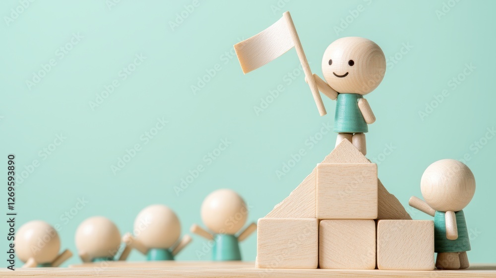 Poster a cheerful figure waves a white flag atop a block pyramid, symbolizing achievement and teamwork with