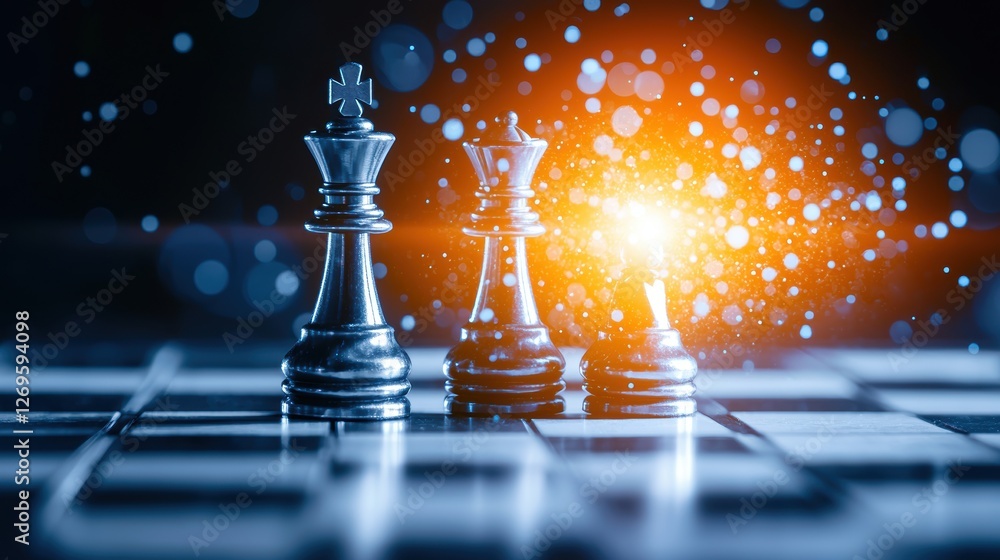 Aufkleber a close-up of three gleaming chess pieces on a board, with a vibrant light effect creating an engagi