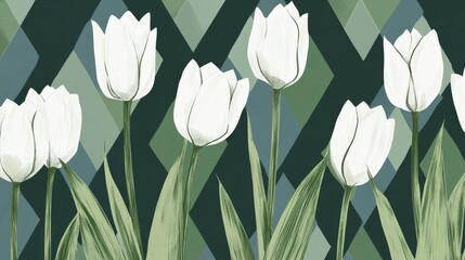A drawing of a bunch of white flowers with green stems. The flowers are arranged in a row and are surrounded by a green background. Concept of calmness and serenity