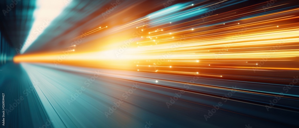 Poster a dynamic image showcasing bright light trails, suggesting speed and motion within a tunnel-like env