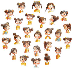 Set of cartoon little girl with different emotions, kids face expressions. Isolated characters, watercolor illustrations. Generative AI