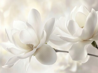 Beautiful white magnolia flowers blooming gracefully in a soft-lit garden setting