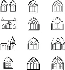 Gothic church glass window and medieval castle arches set