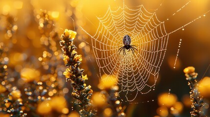 Dew-kissed spiderweb at sunrise, meadow bokeh