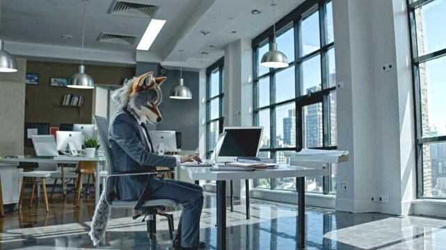 Suited wolf executive types on laptop in solitude. Anthropomorphic character portrays corporate isolation amid sleek highrise setting. Static wide composition.