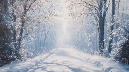 Obraz premium Winter wonderland: snow-covered forest path captured in a tranquil oil painting - ideal for seasonal decor and holiday themes.