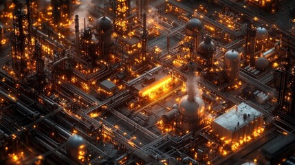 Illuminated Industrial Complex Night Refinery Scene