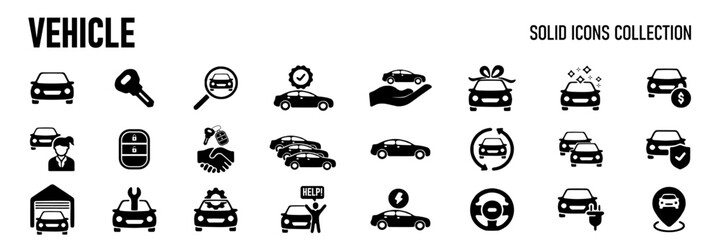 Car vehicle solid icons collection. Containing car dealer, keyless, garage, electrical vehicle etc icons. For website marketing design, logo, app, template, ui, etc. Vector illustration. Automobile
