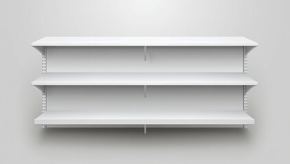Empty white retail shelves against a neutral backdrop