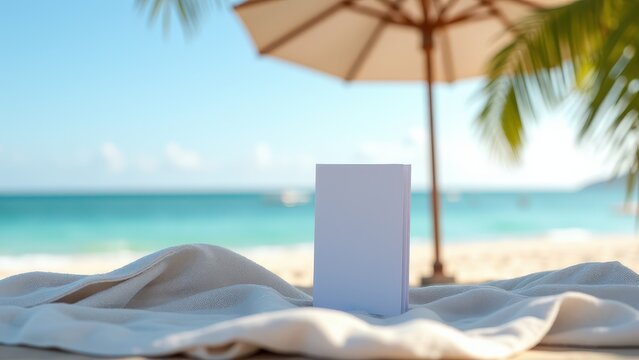 Fashion week invitations, Invitations on a towel under a beach umbrella by a clear ocean view photorealistic.