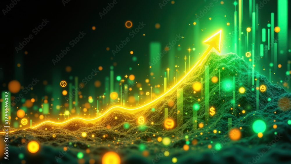 Poster a dynamic scene with a peak made of green data points, signifying financial growth, surrounded by vi