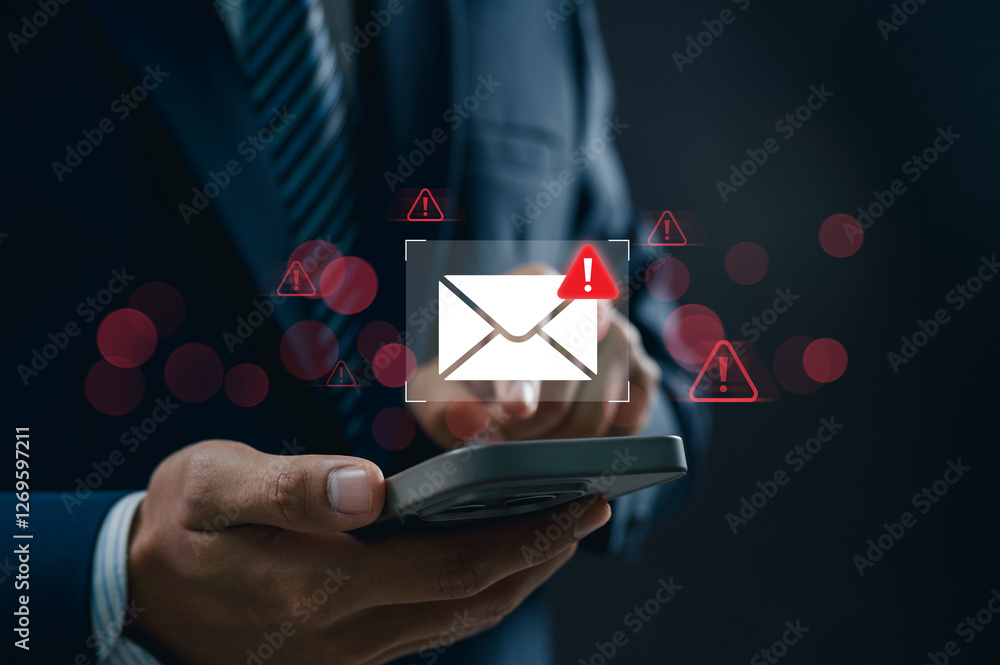 Leinwandbilder Concept of spam email alert and cyber attack danger. Businessman using smartphone receiving email warning alert, phishing scam notification displayed on mobile screen.