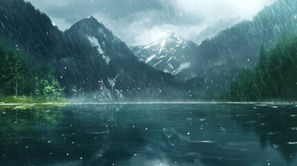 Rain falls on a serene mountain lake and forested shores