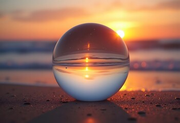 Beautiful crystal ball on the sand on the beach with sea on the background on the sunset.
