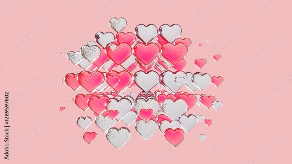 Poster abstract 3d horizontal futuristic heart love tunnel neon pastel falling flight chrome shiny glowing 