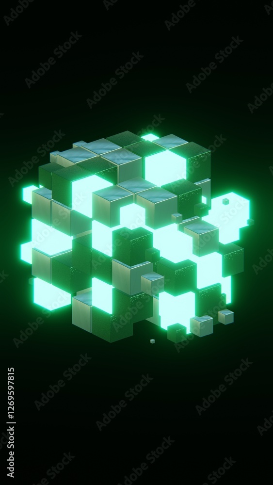 Poster abstract 3d vertical cube block neon futuristic science fiction electronic matrix modern technology 