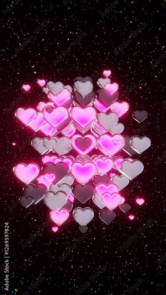 Poster abstract 3d vertical futuristic heart love tunnel neon cosmic falling flight chrome shiny glowing gr
