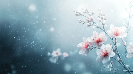 Delicate Cherry Blossoms on a Soft Background with Gentle Falling Snowflakes