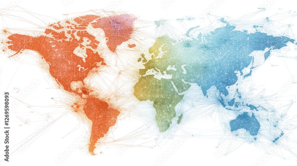Poster A vibrant world map displaying global network connectivity and information flow